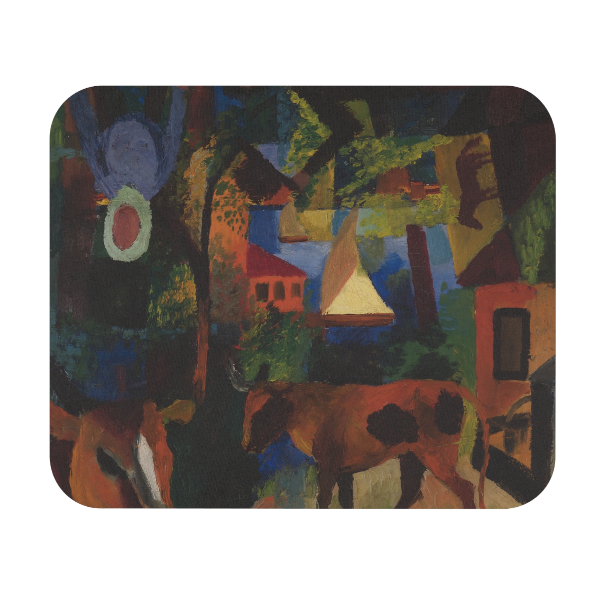 August Macke - Landscape with Cows, Sailboat, and Figures